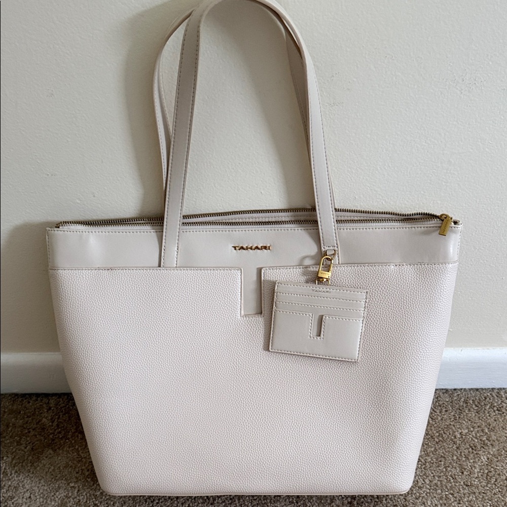 Tahari Cream Pebbled Tote with Card Holder and Gold Hardware